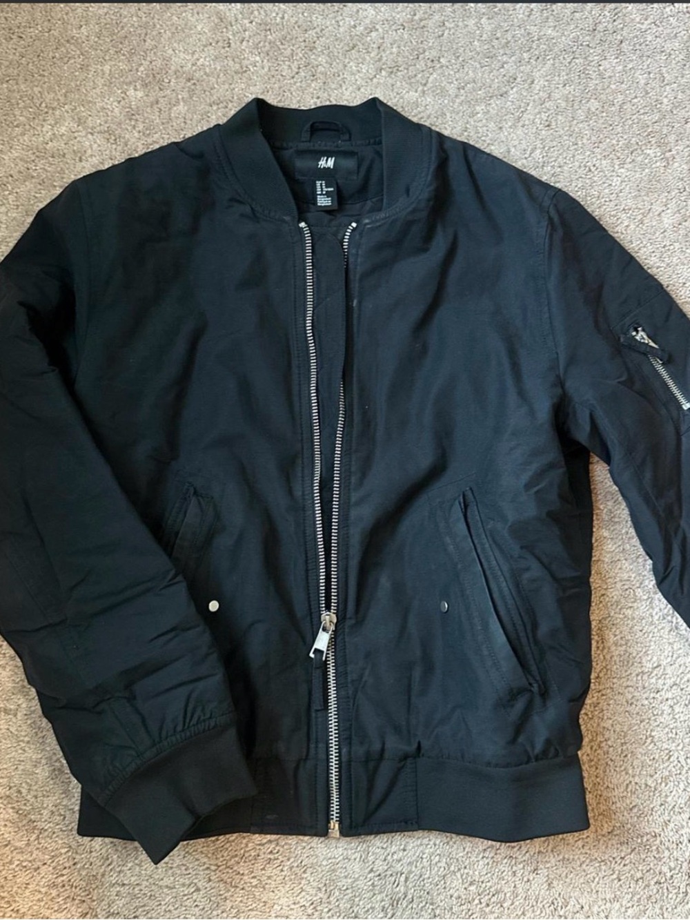 H&M Men’s Black Bomber Jacket with Silver Zipper
